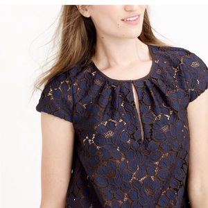 Like new! J. Crew Cap Sleeve Floral Lace Blouse SZ 2 Navy Black Key Hole